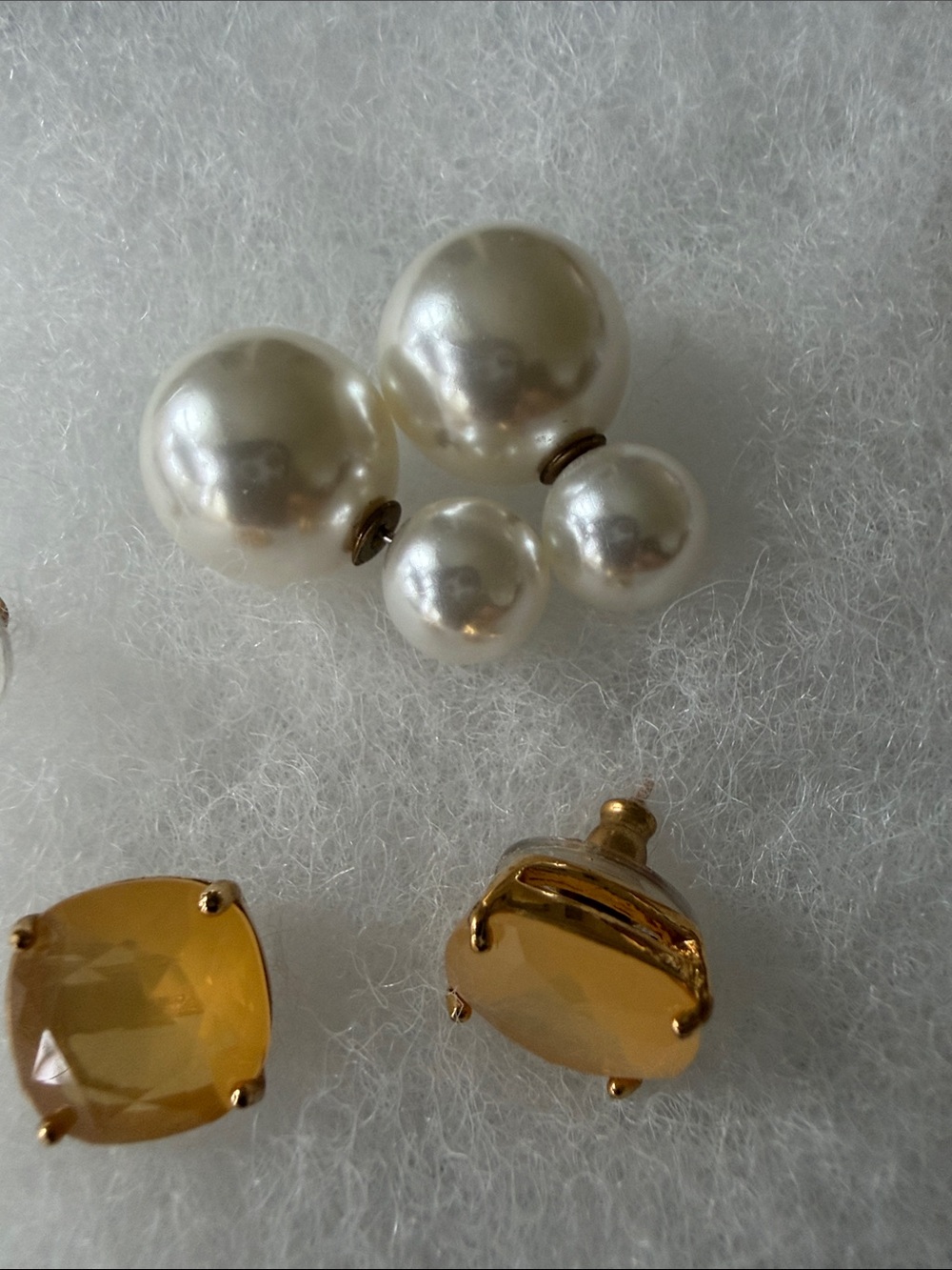 Pearl Double-Sided Stud Earrings with Amber Gem Accent